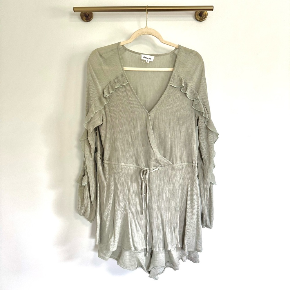 Cottagecore Sage Green Boho Flowy Long Sleeve Romper &merci